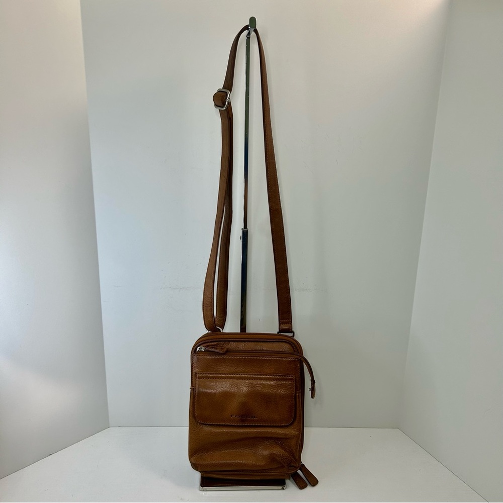 Vintage Fossil Cognac Brown Leather Multi-Compartment Crossbody Bag - Picture 3 of 12